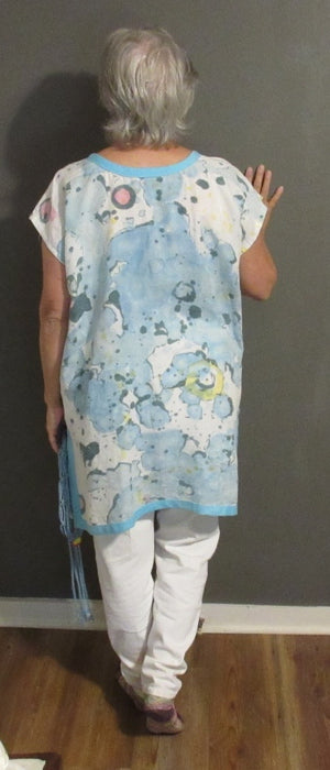Aqua Blue And White Hand-Painted Linen Tunic 5630 By CS Murphy