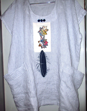 Lavender stripe 100% Linen Apron Shirt Tunic with Applique