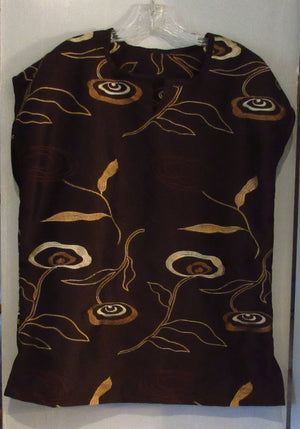 Brown Brocade Taffeta Basic Tunic Top With Notched Neck