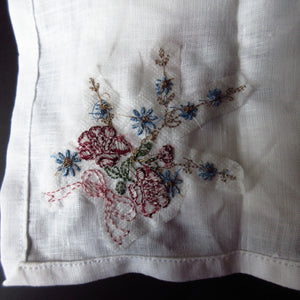 Linen Handkerchiefs with Vintage Floral Embroidery-Set of 3