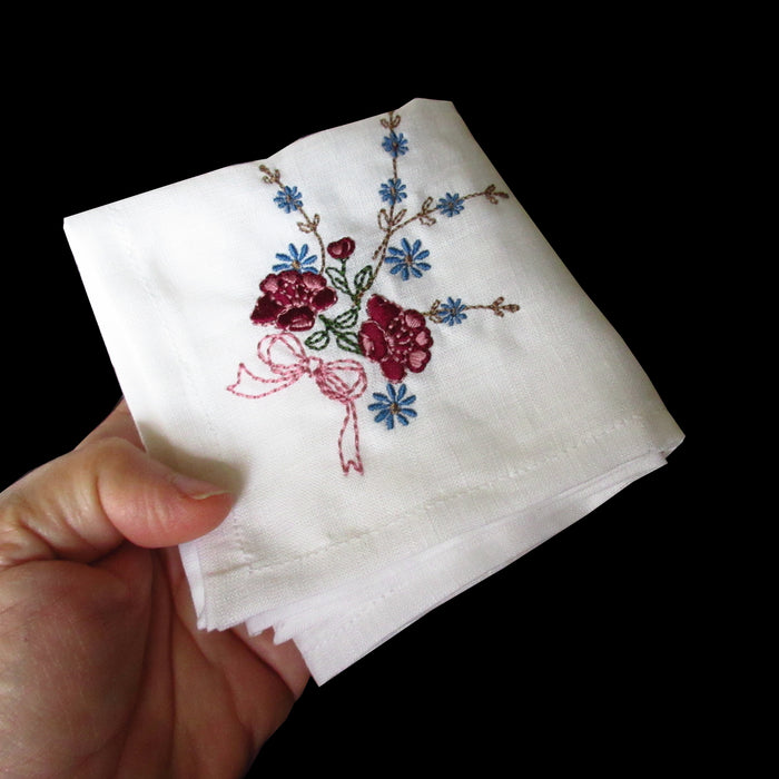 Linen Handkerchiefs with Vintage Floral Embroidery-Set of 3